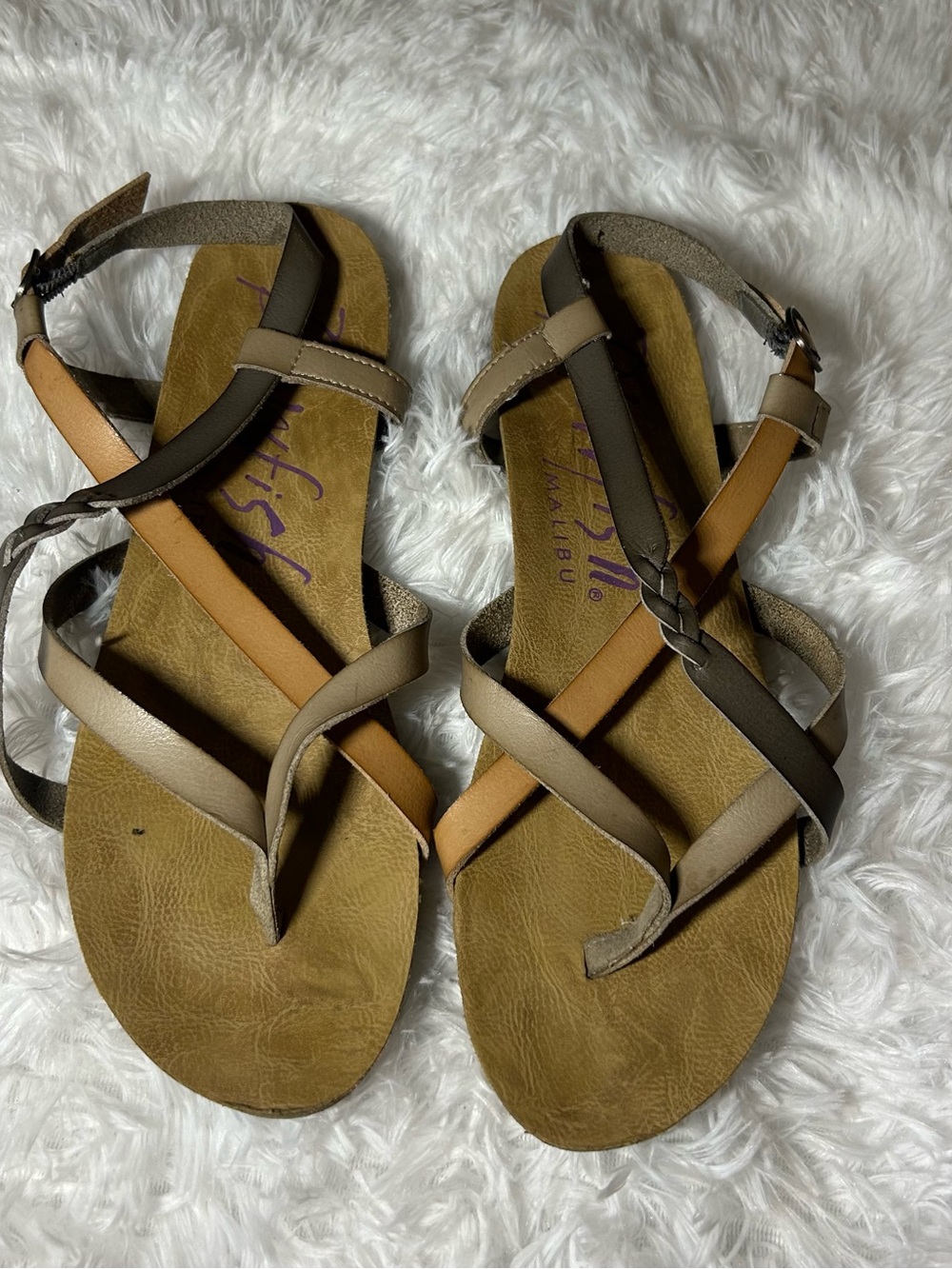 Blowfish Multistrap Leather Sandals in Tan, Brown, and Beige